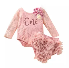 Girls First Birthday Lace One Long Sleeve Romper   Bloomers Set  - Dusty Pink