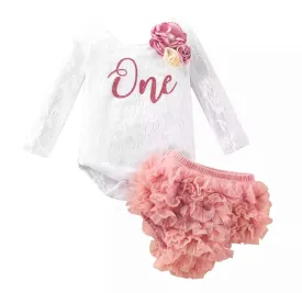 Girls First Birthday Lace One Long Sleeve Romper   Bloomers Set  - White